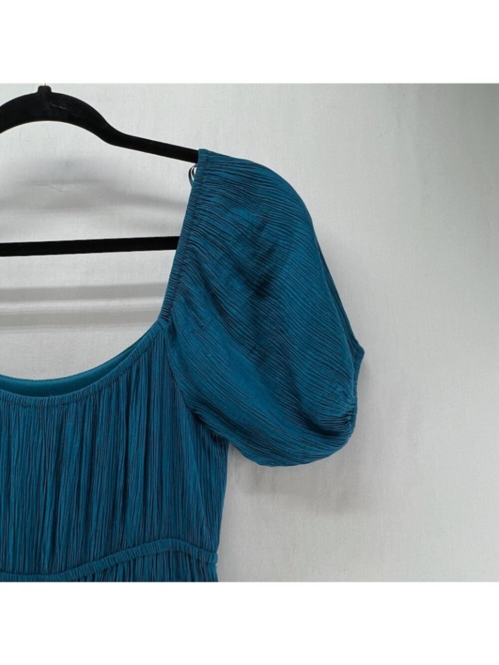 Max + Ash Crinkle Gauze Tiered Maxi Dress Womens S Smocked Puff Sleeve Teal Blue - Picture 7 of 14